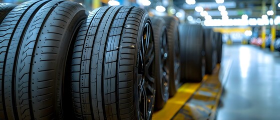 Rubber Rhythm: Tires Aligned in Auto Symphony. Concept Automotive Innovation, Tire Technology, Eco-Friendly Mobility, Sustainable Vehicles, Future Trends in Transportation