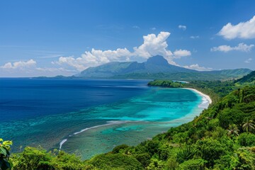 Fototapeta na wymiar A panorama of a tropical island paradise, showcasing a white-sand beach, a turquoise lagoon