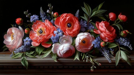   A painting of a window sill adorned with blue and pink flowers in the foreground