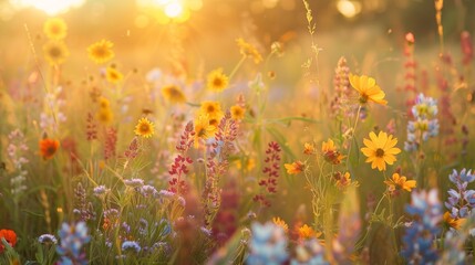 A panorama of a wildflower field at sunset, showcasing the vibrant colors of the flowers bathed in warm golden light
