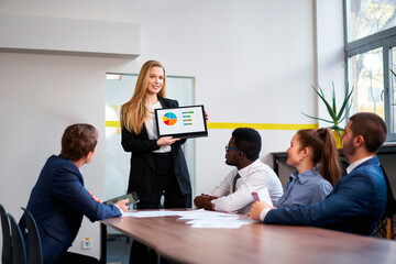 Confident female CEO presents colorful chart on convertible laptop to diverse, multiethnic business team. Pro young leader conducts strategy session, african, asian, caucasian colleagues on meeting.