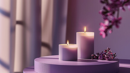 Obraz na płótnie Canvas set of purple lavender scented lighted candles on small podium, romantic moment, luxury delicated gift