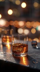 A glass of whiskey with ice sits on a bar top, illuminated by warm bokeh lights in the background