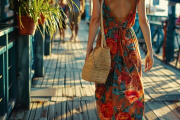 A photorealistic image of a woman in a flowing, floral sundress strolling along a sun-drenched boardwalk, a straw tote bag slung - obrazy, fototapety, plakaty