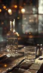 Fototapeta na wymiar A cozy evening setting with a glass and bottle on a table illuminated by warm lights