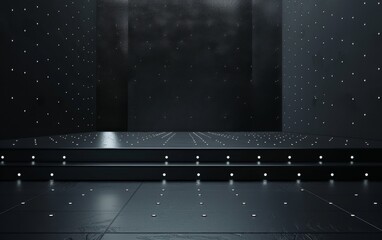 a platform background on a dark black floor with black panels with white dots