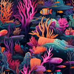 Fototapeta na wymiar coral reef with fish, pastel-toned underwater seamless illustration, digital art, interior design, wallpaper