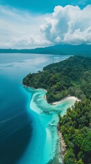 A winding coastline from above, showcasing the contrast between lush green jungle, pristine beaches