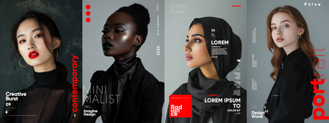 Sophisticated poster collection with women’s portraits, emphasizing modern typography and minimalist design aesthetics.