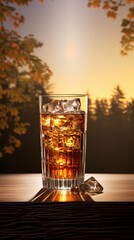 A refreshing glass of iced tea on a wooden surface with an autumnal backdrop