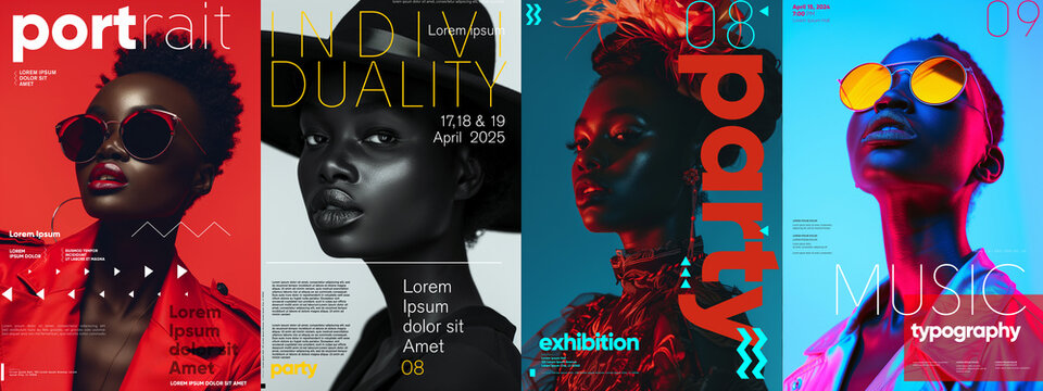 Poster series featuring women's portraits with dramatic typography, blending art with messages of individuality and music.