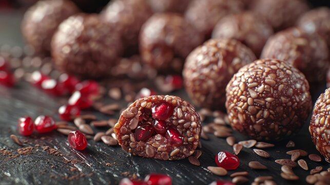   A table, topped with chocolate-covered pomegranate balls, sits beside a mound of dried pomegranates