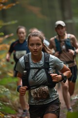 Obraz premium Close-up of a runners focused expression as they navigate a challenging section of trail