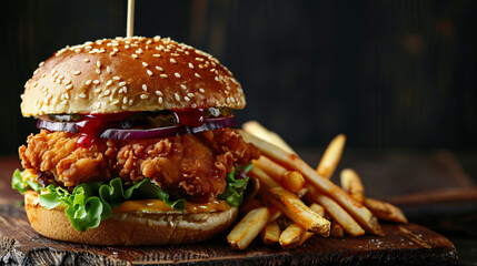 Delicious Crispy Chicken Burger and French Fries