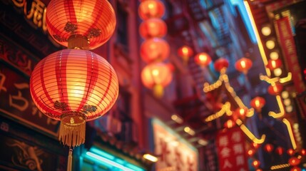 Close-up of a vibrant Chinatown storefront at night, neon signs glowing, lanterns swaying
