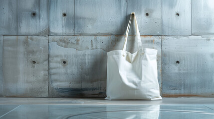 Fototapeta na wymiar blank white tote bag against concrete wall, put your brand logo or design
