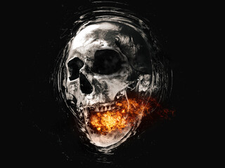 Screaming skull with flames in the mouth - grunge style illustration