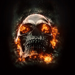 Black skull burning with flames coming out from the eyes
