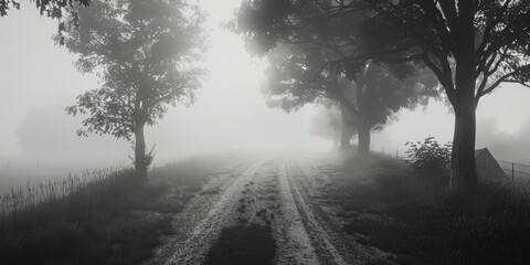 A black and white photo of a foggy road. Perfect for website backgrounds