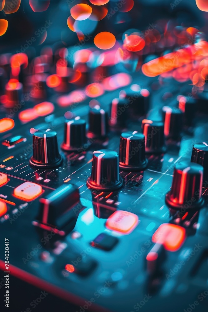 Poster close-up view of a mixing board with blurry lights in the background. ideal for music production or 