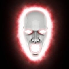 Uncanny white screaming face mask with bright red glowing eyes - 3D Illustration