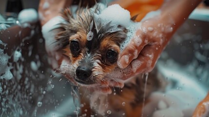 A cute small dog being washed in a sink, perfect for pet grooming services