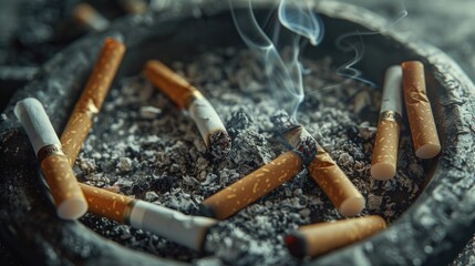A bunch of cigarettes in an ashtray. Ideal for anti-smoking campaigns - obrazy, fototapety, plakaty