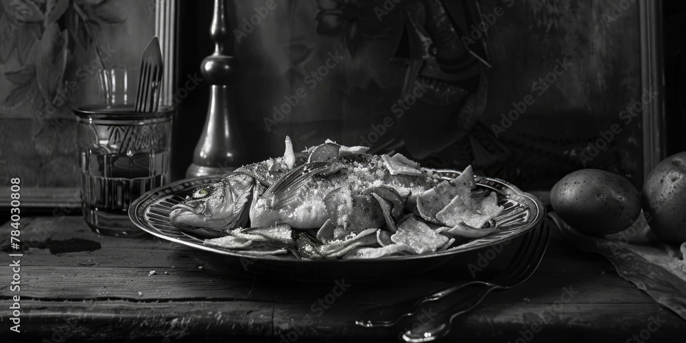 Poster a simple black and white image of a plate of food. suitable for various culinary concepts