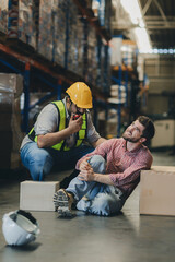 First aid support accident at work of worker at factory. Male worker has an accident on the floor in warehouse site.