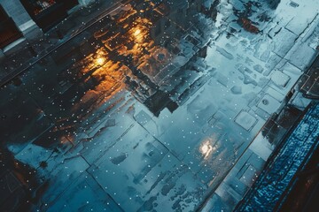 Oblique aerial shot of a city after a rainstorm, sunlight reflecting on wet streets, puddles highlighting textures