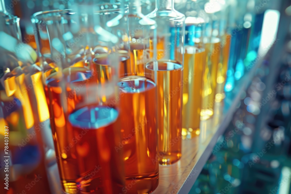 Aufkleber various colored liquids on a shelf, suitable for science or laboratory concepts
