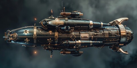 A unique image of a steam powered submarine floating in the air. Suitable for science fiction and fantasy themes