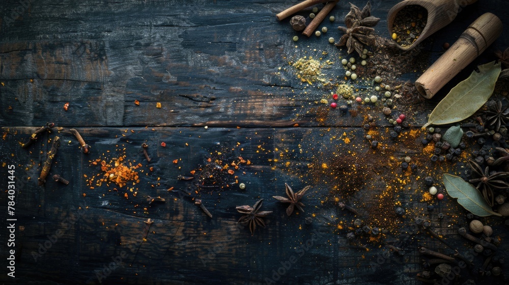 Poster a variety of spices neatly arranged on a wooden table. perfect for culinary projects