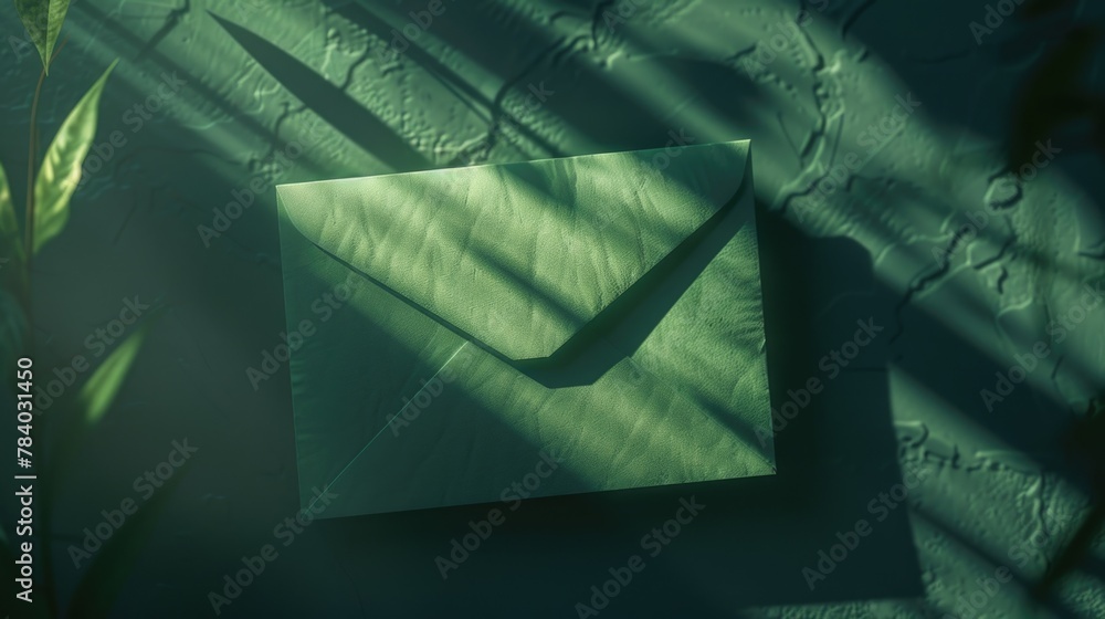 Poster a green envelope placed on a table, suitable for various business and office concepts