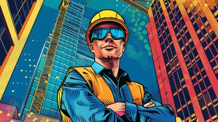 Pop art portrait of a construction worker against a backdrop of a half-finished skyscraper, bold colors and stylized tools