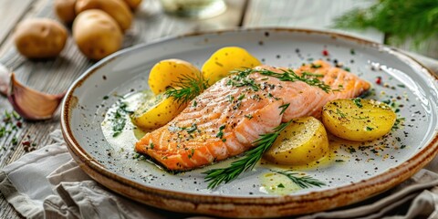 Delicious plate of salmon and potatoes, perfect for food-related projects - obrazy, fototapety, plakaty