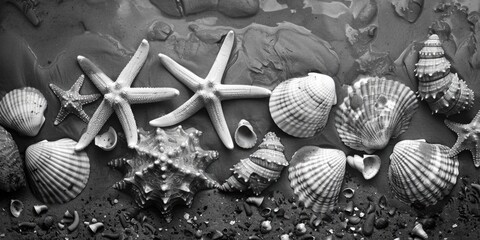 A black and white photo of shells and starfish, perfect for marine-themed designs