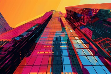 Pop art rendition of a modern skyscraper, sleek metallic surfaces, exaggerated reflections, and bold lines