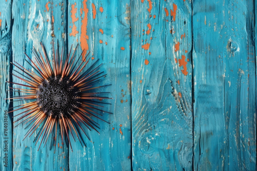 Poster a rustic wooden wall with a sunburst design. perfect for background use