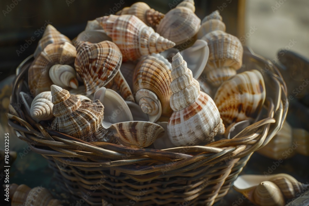 Poster A basket full of shells on a table, suitable for various design projects