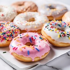 Delicious sweet donuts with colorful sprinkles, bright color,white blurred background. AI generated