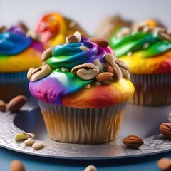 Fototapeta na wymiar Rainbow cupcakes with assorted nuts sprinkled on it