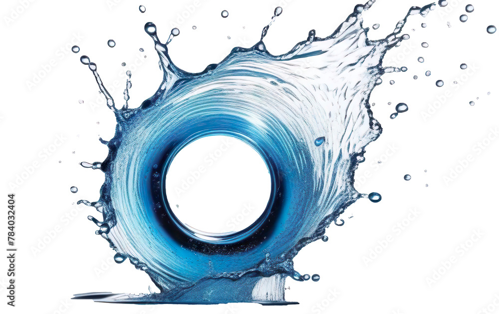 Poster Fresh blue water droplets splash and flow, creating a transparent and abstract motion isolated on
