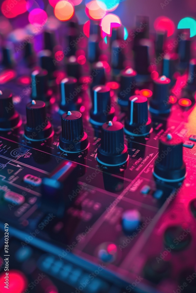 Poster close up of a mixing board with lights in the background. suitable for music production concept