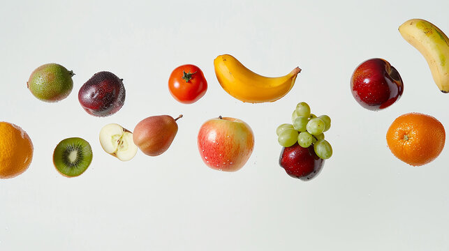 
várias frutas minimalistas flutuando no ar isoladas, fundo branco, espaço de cópia