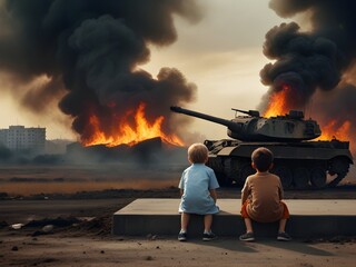 kids sitting in front of city burned of an invasion - obrazy, fototapety, plakaty