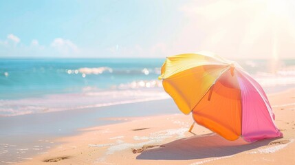 Illustration od beach with orange umbrella  - obrazy, fototapety, plakaty