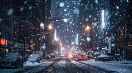 A city street covered in snow at night. Perfect for winter cityscapes