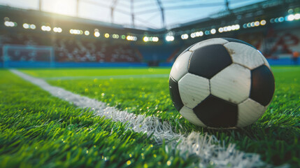 Match Day: Soccer Ball on the Field - Close-up of a soccer ball on the green pitch of a stadium, game about to commence.