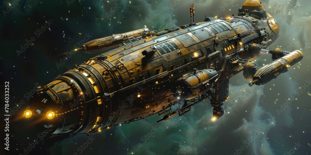 Poster a large space ship in the middle of a galaxy. suitable for sci-fi designs